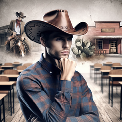 DALLE 2023-11-23 08.52.20 - A cowboy as the main protagonist, depicted in a thoughtful pose, symbolizing reflection and learning. The background is a classroom setting, subtly bl