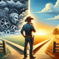DALLE 2023-11-26 15.11.04 - A cowboy protagonist symbolizing the quest for balance between trust and skepticism. He is depicted standing at a crossroads, one path leading towards