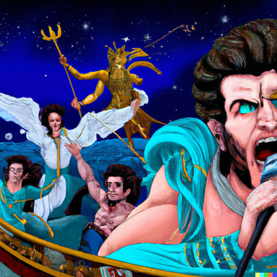 DALLE 2023-04-11 21.17.52 - Show Elvis Presley being threatened by ancient monsters of greek mythology while singing a song on a boat as digital art