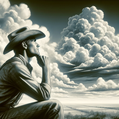 DALLE 2023-11-24 19.52.23 - A thoughtful cowboy contemplating the clouds in the sky, symbolizing the interpretation of information and building of one's worldview. The scene is s