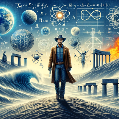 DALLE 2023-11-25 21.16.38 - A cowboy protagonist, representing a philosopher, standing amidst a landscape that creatively blends elements of Greek philosophy, mathematics, and ph
