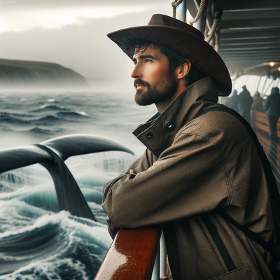 DALLE 2023-11-27 07.46.40 - A thoughtful cowboy standing on the deck of a whale-watching ship, gazing out into the sea on a rainy and windy day. He's wearing a waterproof coat an