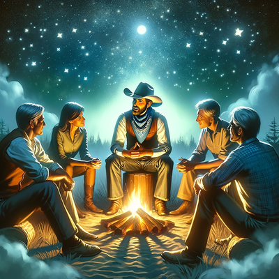 DALLE 2023-11-28 21.17.00 - A cowboy sitting around a campfire with trusted friends, engaged in a deep and thoughtful dialogue. The cowboy, depicted as open and expressive, is sh