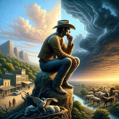 DALLE 2023-11-30 10.28.40 - A contemplative cowboy in a symbolic landscape, representing the struggle to understand and live according to human nature. The cowboy, embodying wisd