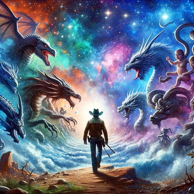 DALLE 2023-12-01 08.13.24 - A cosmic landscape featuring a cowboy as the main protagonist, facing dragons and mythical creatures. The scene symbolizes the author's inner battles 