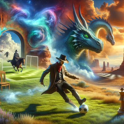 DALLE 2023-12-04 10.07.48 - A mystical and philosophical scene with a cowboy playing soccer in a realistic manner on a grassy field in a surreal landscape that merges the wild we