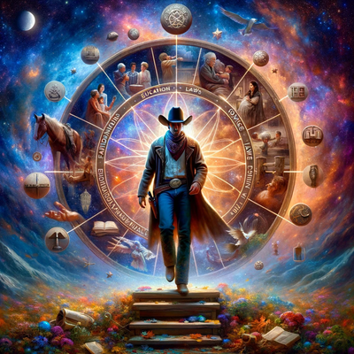 DALLE 2023-12-06 11.29.40 - A grand and realistic image of a cowboy in a setting that reflects a cosmic balance. The cowboy is surrounded by diverse elements representing family,