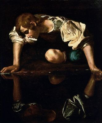 595px-Narcissus-Caravaggio_(1594-96)_edited