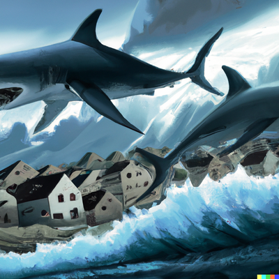DALL·E 2023-03-17 07.12.10 - Jaws (the shark) and avalance on their way to destroy a village. Photorealistic art style.