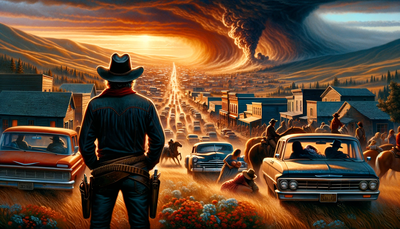 DALLE 2023-11-10 22.49.25 - A vivid and dramatic scene depicting the evacuation of a town during an earthquake. In the foreground, a cowboy stands, looking back at the town. Behi