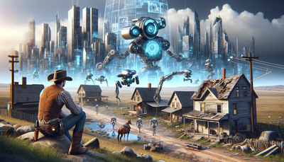 DALLE 2023-11-12 09.17.05 - In a futuristic cityscape, depict nanobots, tiny robotic entities, actively repairing damaged houses and roads. Include a cowboy character with modern
