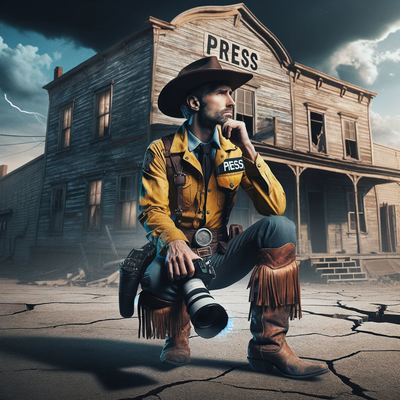 DALLE 2023-11-14 17.48.45 - A thoughtful cowboy in traditional attire, including a hat, boots, and a yellow jacket marked _PRESS_, stands in front of an abandoned, eerie house. H