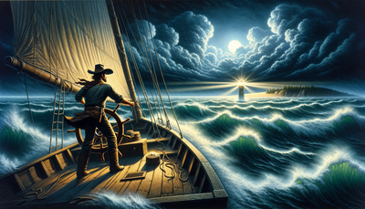 DALLE 2023-11-16 21.01.22 - A scene depicting a cowboy sailing a vast sea during a terrible storm at night. The sea is tumultuous with large, menacing waves. The cowboy, dressed 