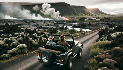 DALLE 2023-11-20 21.50.54 - A cowboy and his friend riding in a jeep through a landscape filled with old lava rocks. In the background, smoke is rising from the ground, indicatin