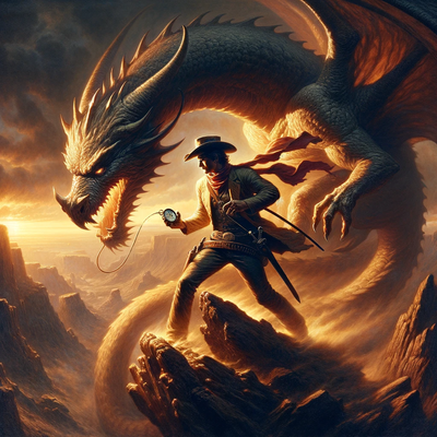 DALL·E 2023-11-29 16.59.13 - A brave cowboy in a dramatic landscape, engaged in a symbolic battle with a dragon, representing the struggle with conscience. The cowboy, a figure of
