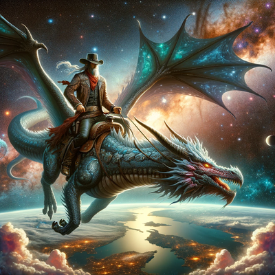 DALLE 2023-12-09 14.01.40 - A realistic and imaginative illustration of a cowboy riding a dragon in space. The cowboy, dressed in a detailed space suit with elements of tradition