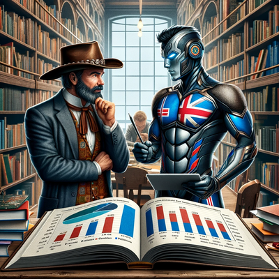 DALLE 2023-12-10 20.49.22 - Create a realistic and detailed illustration of a cowboy and a superhero engaged in a thoughtful debate over a large open book filled with educational