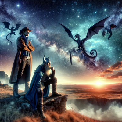 DALLE 2023-12-13 10.26.06 - A realistic and cool image of a cowboy and a Viking standing on a cliff, gazing thoughtfully at a cosmic sky filled with stars, symbolizing the pursui