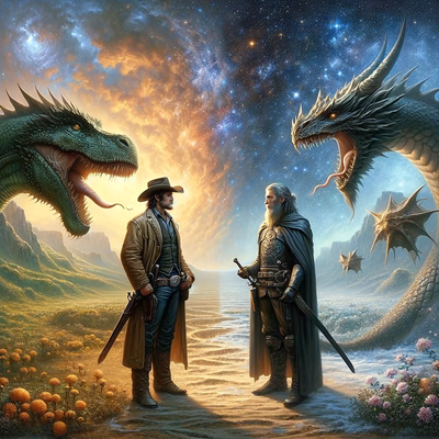 DALLE 2023-12-14 22.29.27 - A realistic and thought-provoking image of a cowboy and a Viking, each accompanied by dragons, standing together in a landscape that merges reality wi