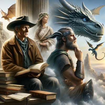 DALLE 2023-12-15 22.09.09 - A realistic image of a cowboy, a Viking, and dragons, each representing different aspects of the pursuit of knowledge. The cowboy, with a book in hand